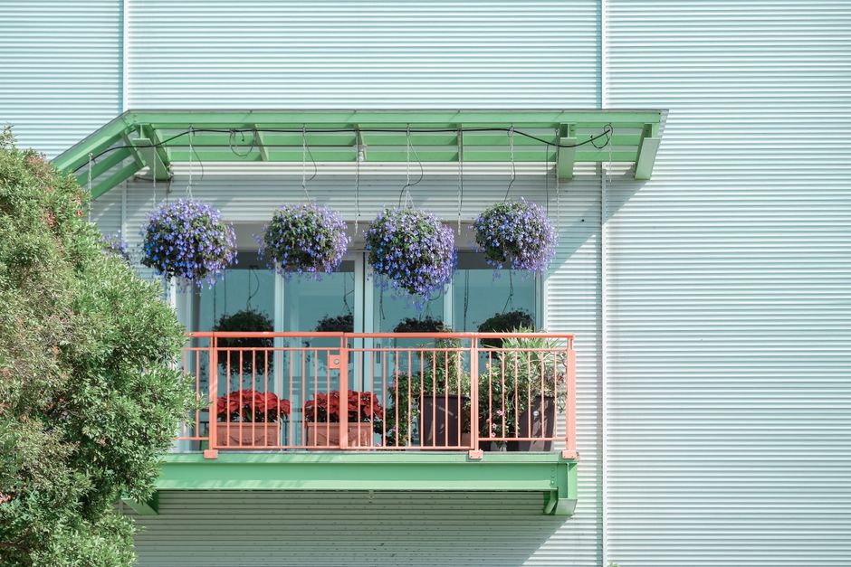 Kleurrijke bloemen hangen aan balkonhage.